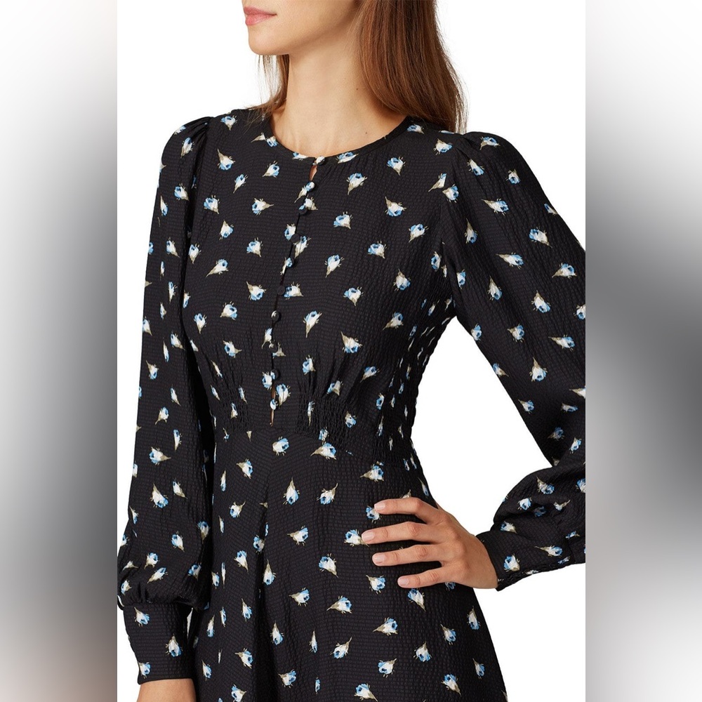 Rebecca Taylor Long Sleeve Brigette hammer Silk mini Dress Black White print 4 S